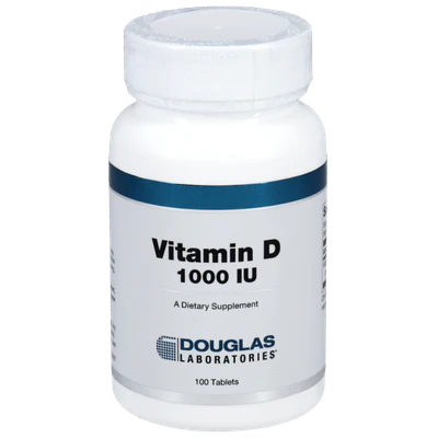 A bottle of Douglas Labs Vitamin D 1000 IU dietary supplement containing 100 tablets.