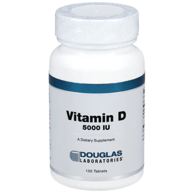 A bottle of Douglas Labs Vitamin D 5000 IU dietary supplement containing 100 tablets.