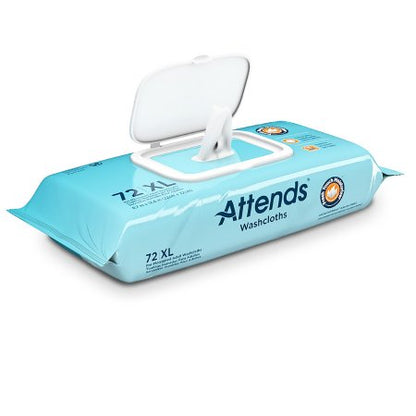 A pack of Attends personal cleansing wipes, soft pack, scented, with product information on the packaging.