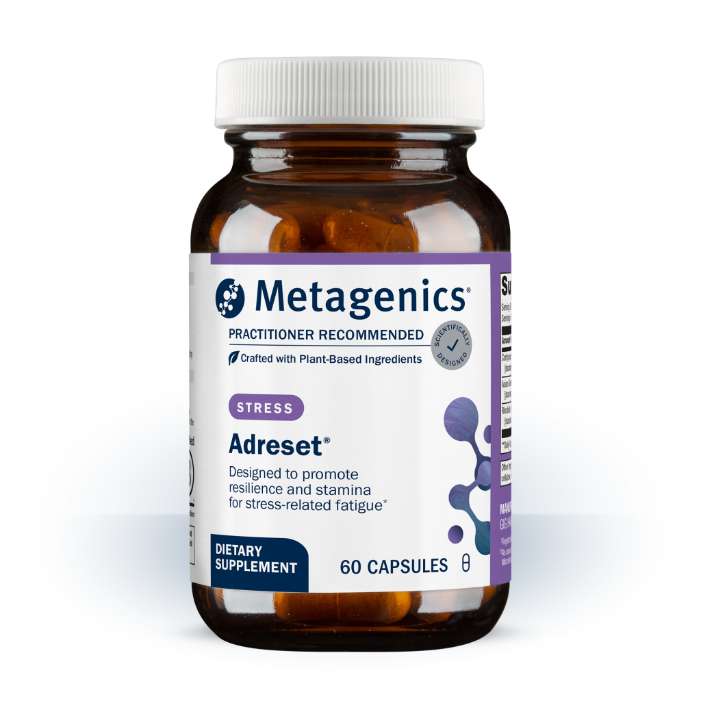 A bottle of Metagenics Adreset dietary supplement, containing 60 capsules, on a clean white background.
