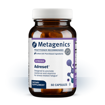 A bottle of Metagenics Adreset dietary supplement, containing 60 capsules, on a clean white background.