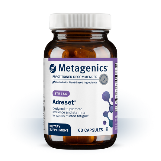 A bottle of Metagenics Adreset dietary supplement, containing 60 capsules, on a clean white background.