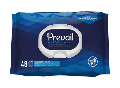 A blue package of Prevail Washcloths on a white background.  
