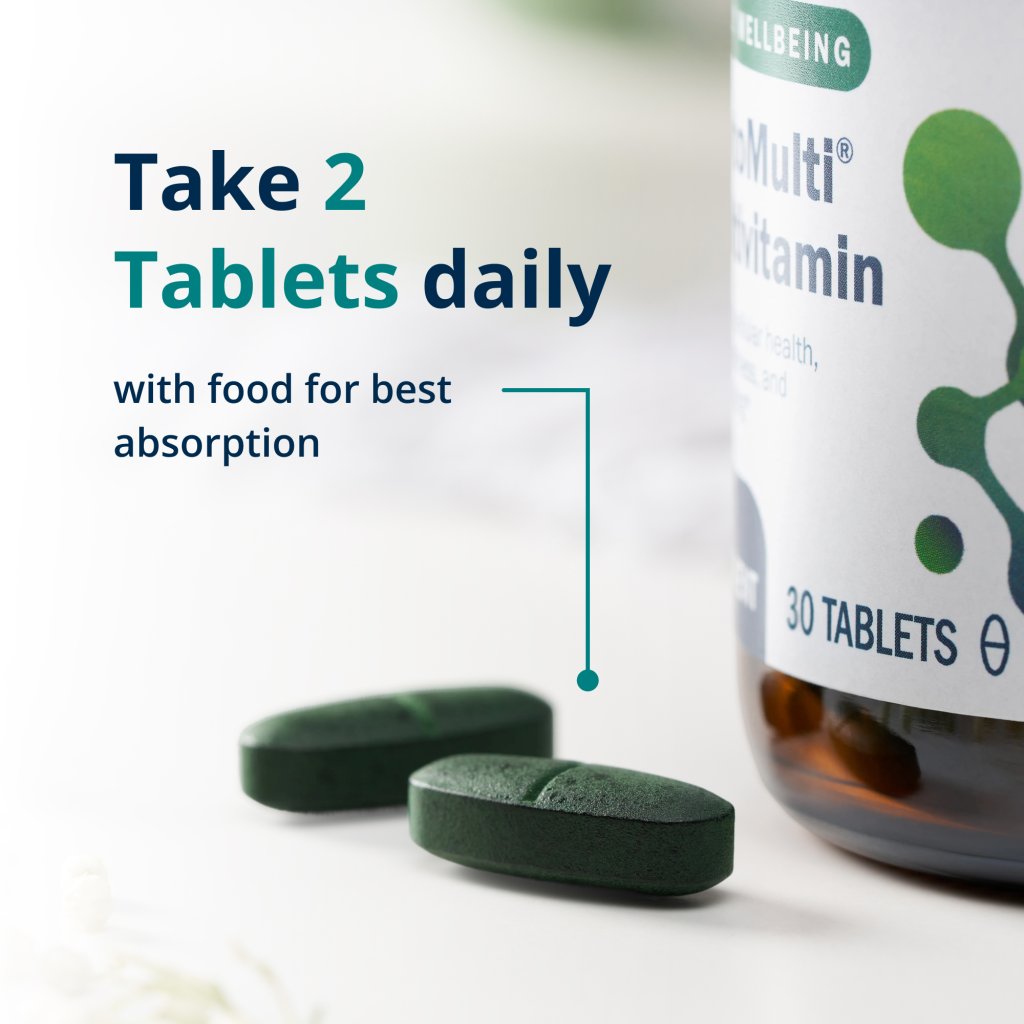Multivitamin bottle with green tablets on a white background
