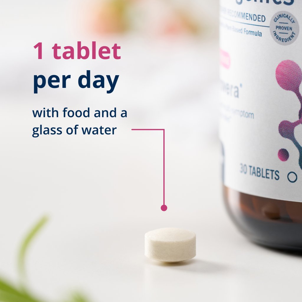 Vitamins bottle with a tablet and text '1 tablet per day with food and a glass of water' on a white background.