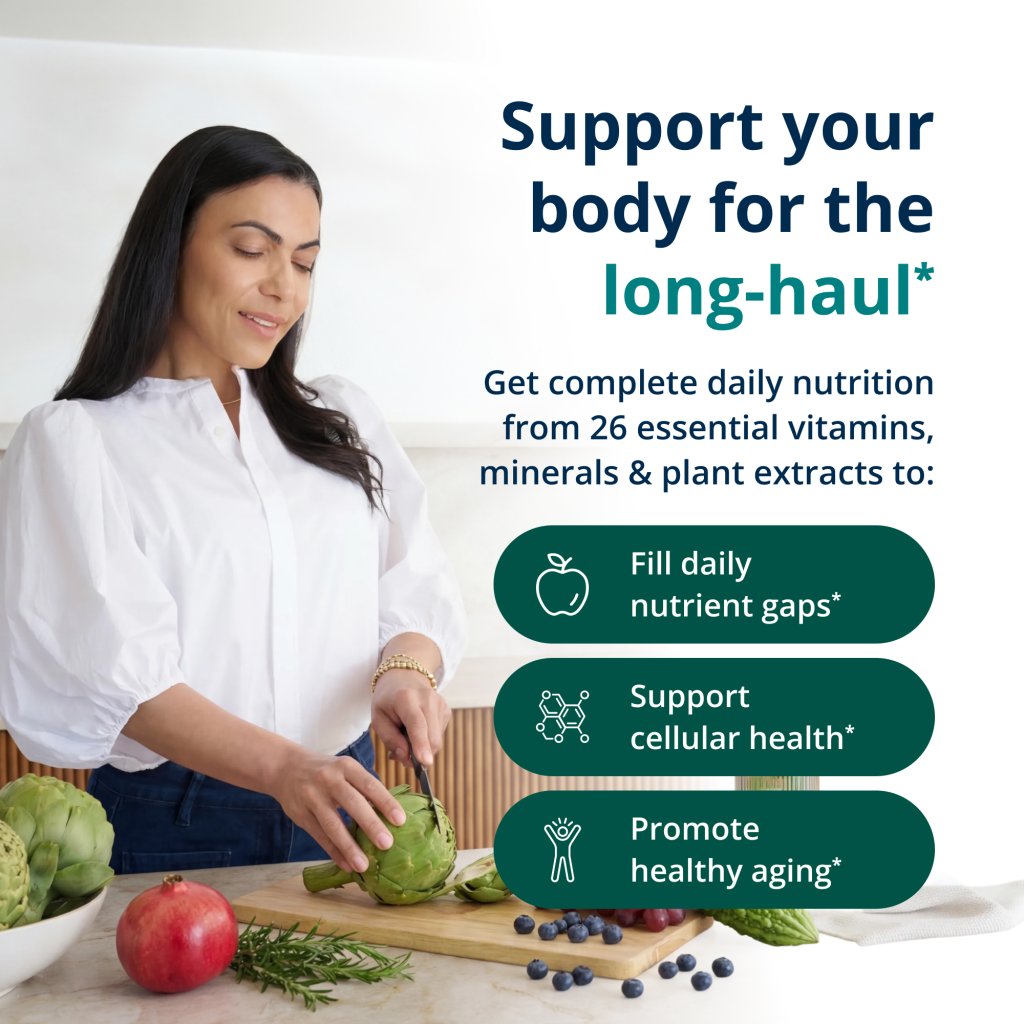 Woman preparing vegetables with text about daily nutrition and health benefits.