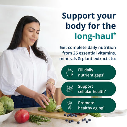 Woman preparing vegetables with text about daily nutrition and health benefits.
