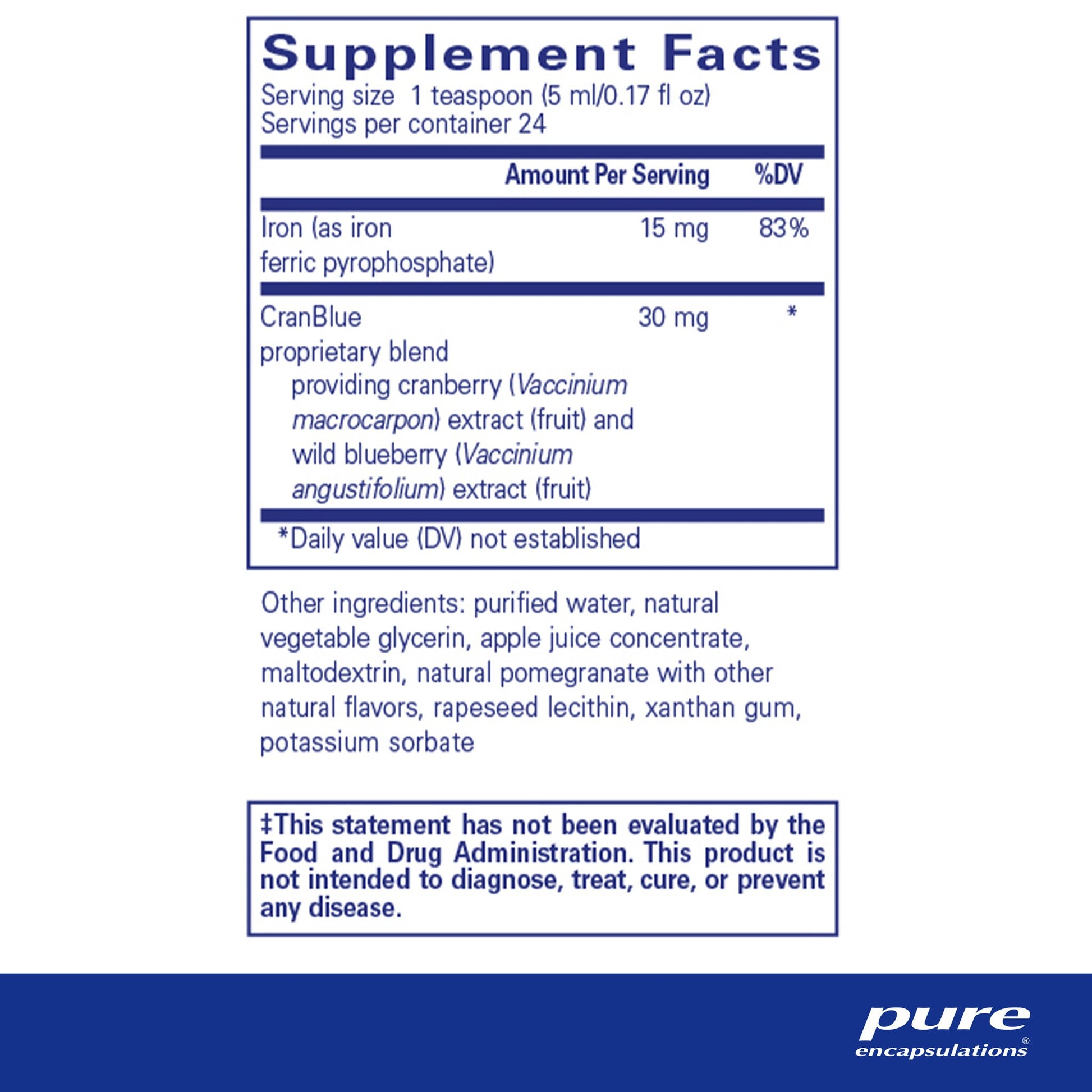 Supplment facts and ingredient information for a bottle of Pure Encapsulations Iron Liquid dietary supplemen