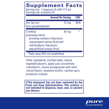 Supplment facts and ingredient information for a bottle of Pure Encapsulations Iron Liquid dietary supplemen