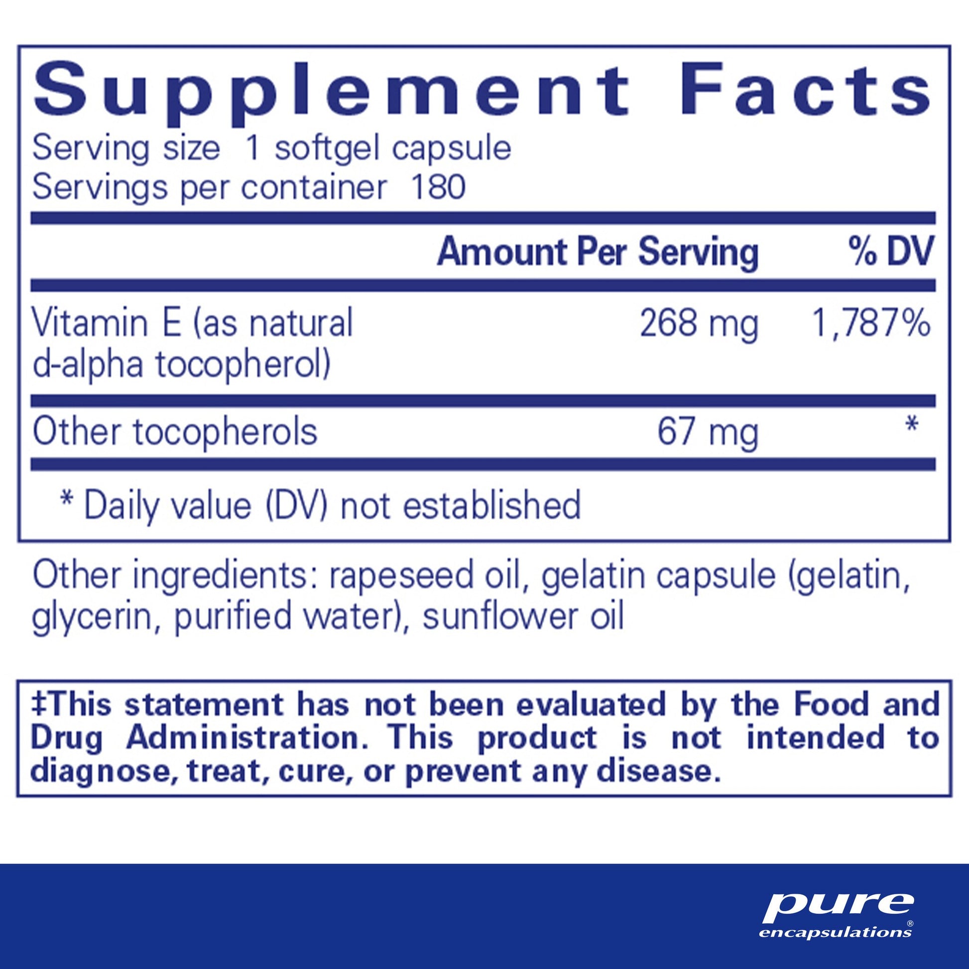 Supplement facts for a bottle of Pure Encapsulations Vitamin E with mixed tocopherols