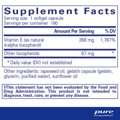 Supplement facts for a bottle of Pure Encapsulations Vitamin E with mixed tocopherols