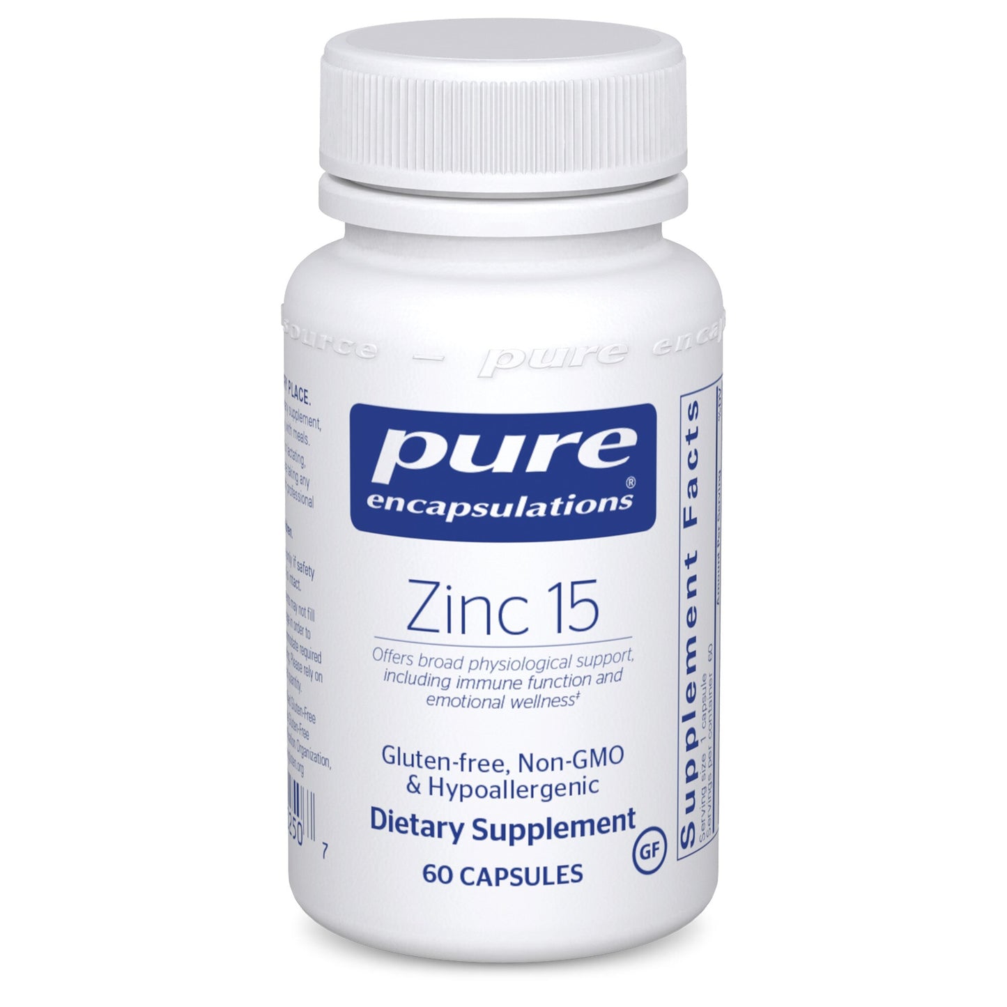 A bottle of Pure Encapsulations Zinc 15 dietary supplement with 60 capsules. The label is white with blue and red text, and the product is indicated for immune system support.