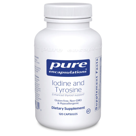 A bottle of Pure Encapsulations Iodine and Tyrosine dietary supplement with 120 capsules.