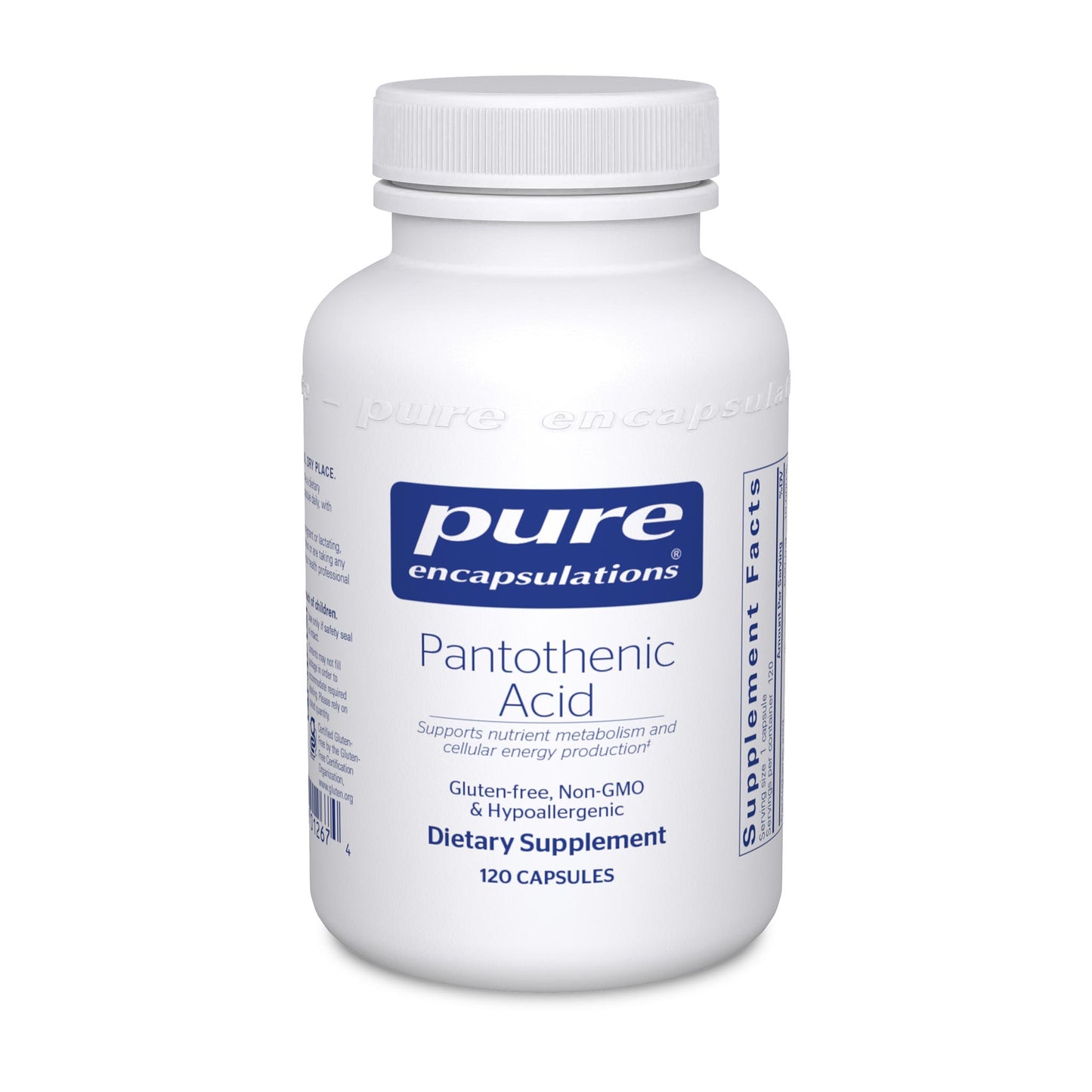 A white bottle labeled Pure Encapsulations Pantothenic Acid' with 120 capsules inside, designed for supporting cellular energy and adrenal function.