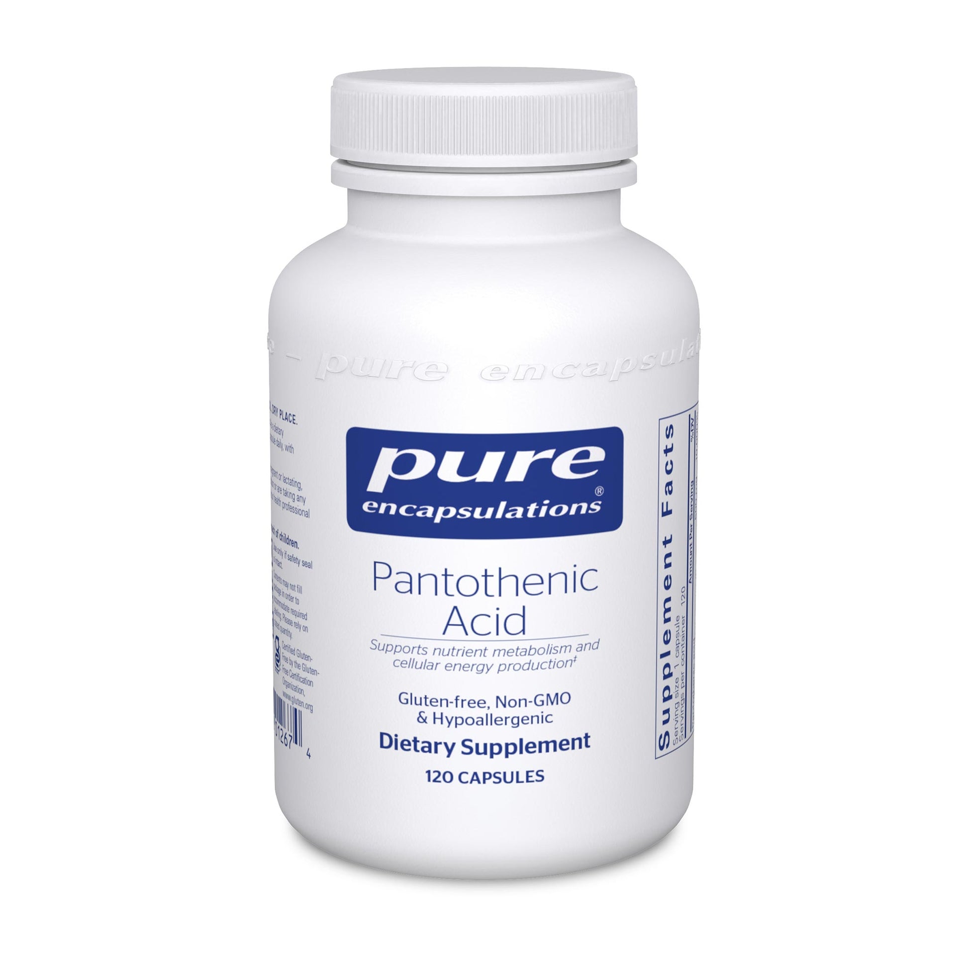 A white bottle labeled Pure Encapsulations Pantothenic Acid' with 120 capsules inside, designed for supporting cellular energy and adrenal function.