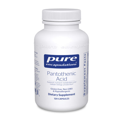 A white bottle labeled Pure Encapsulations Pantothenic Acid' with 120 capsules inside, designed for supporting cellular energy and adrenal function.