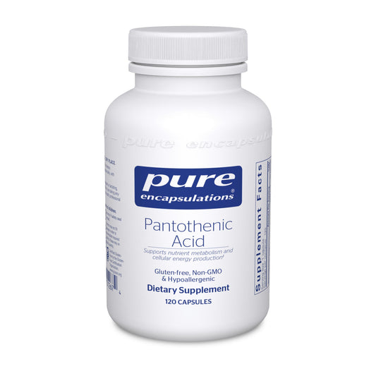 A white bottle labeled Pure Encapsulations Pantothenic Acid' with 120 capsules inside, designed for supporting cellular energy and adrenal function.