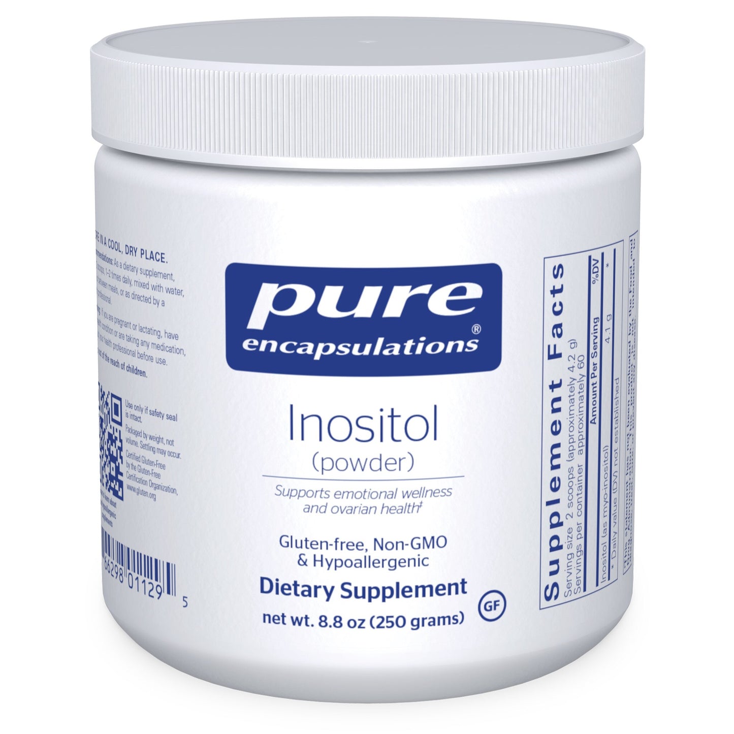 A container of Pure Encapsulations Inositol powder, which is a dietary supplement designed to support emotional wellness and reproductive system function.