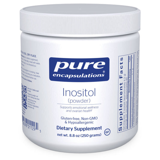 A container of Pure Encapsulations Inositol powder, which is a dietary supplement designed to support emotional wellness and reproductive system function.