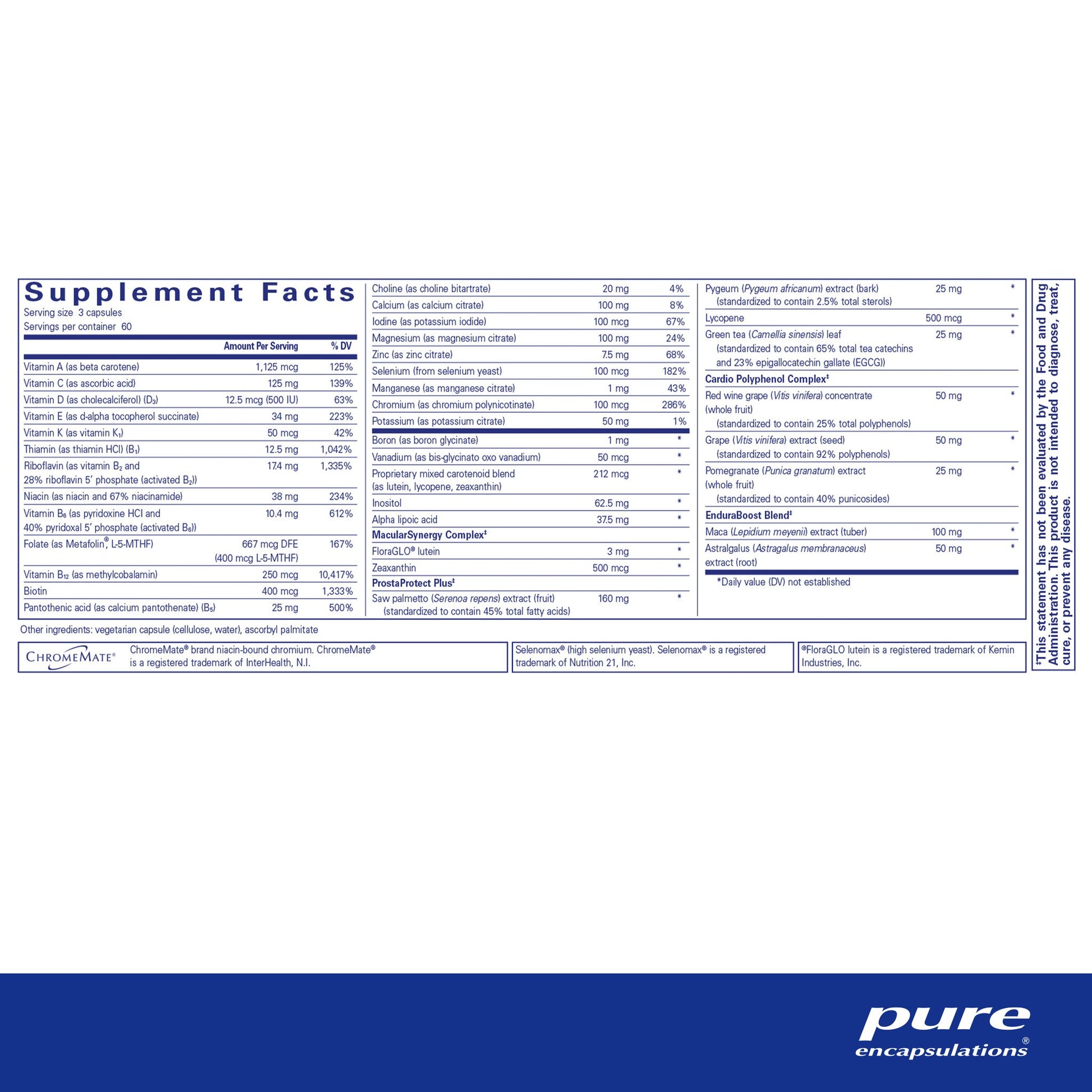 Supplement facts and ingredient information for a A white bottle of Pure Encapsulations Men's Nutrients 