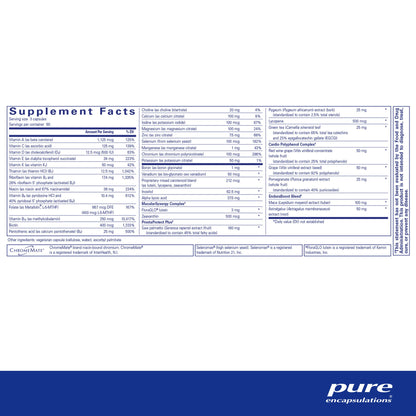 Supplement facts and ingredient information for a A white bottle of Pure Encapsulations Men's Nutrients 