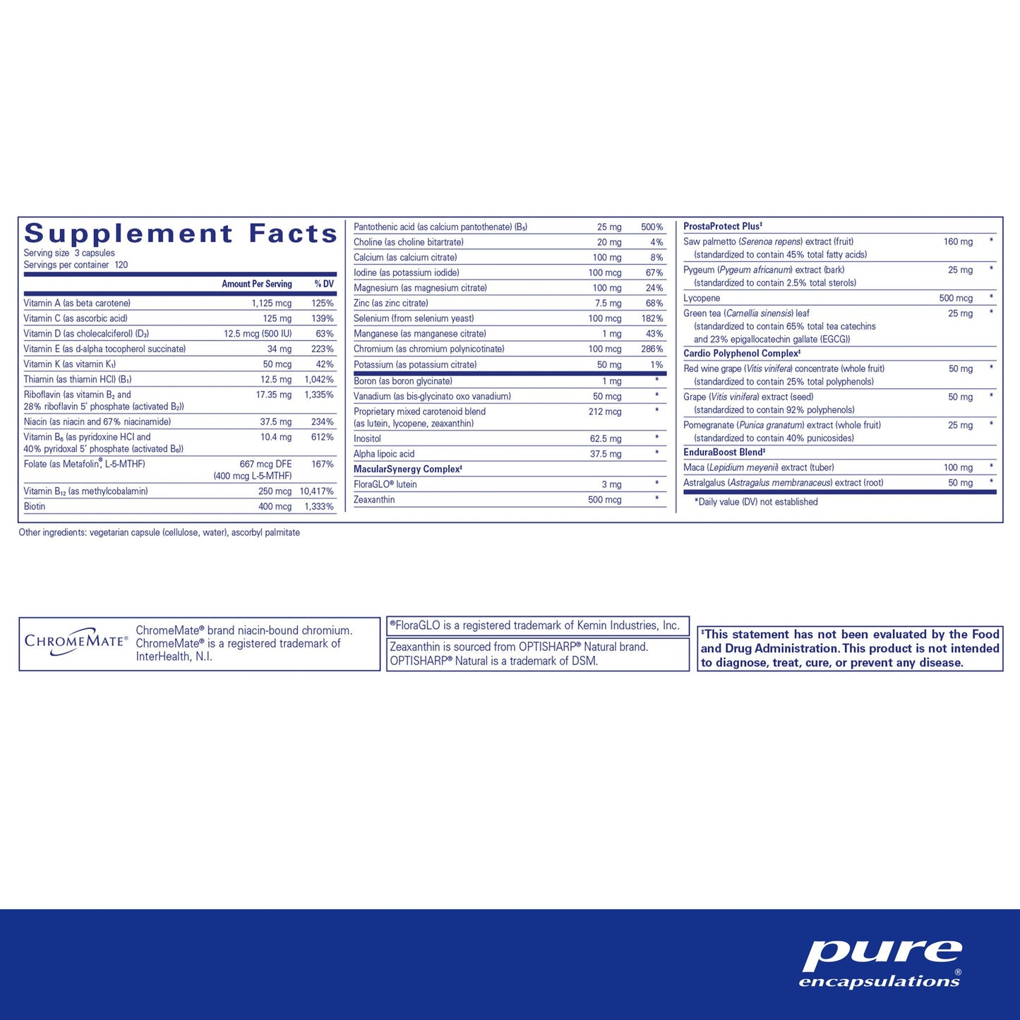 Supplement facts and ingredient information for a A white bottle of Pure Encapsulations Men's Nutrients 