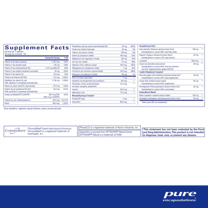 Supplement facts and ingredient information for a A white bottle of Pure Encapsulations Men's Nutrients 