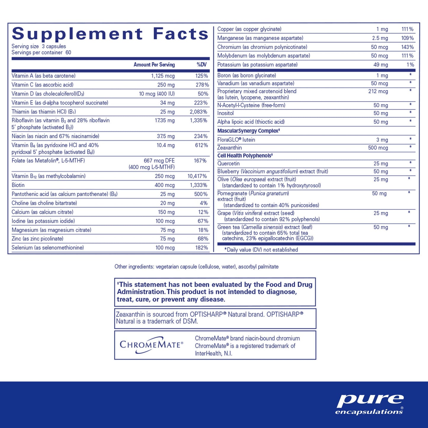 Supplment facts and ingredient information for a  bottle of Pure Encapsulations Polyphenol Nutrients