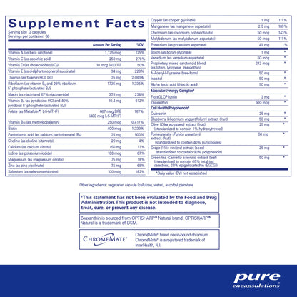 Supplment facts and ingredient information for a  bottle of Pure Encapsulations Polyphenol Nutrients
