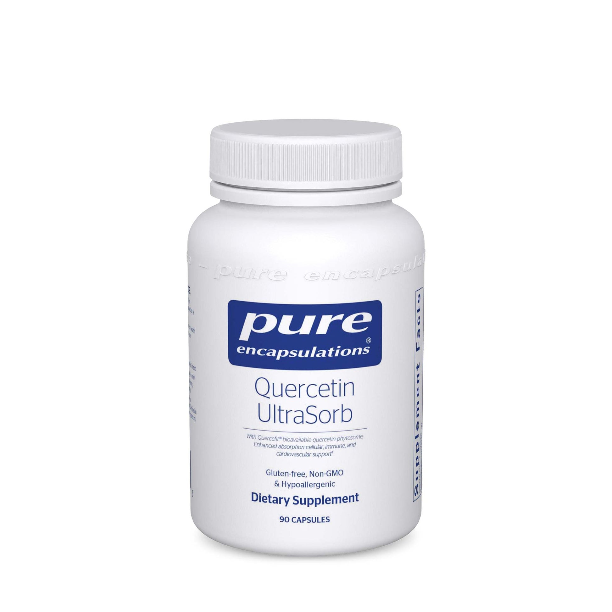 A bottle of Pure Encapsulations Quercetin UltraSorb dietary supplement with 90 capsules.