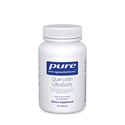A bottle of Pure Encapsulations Quercetin UltraSorb dietary supplement with 90 capsules.