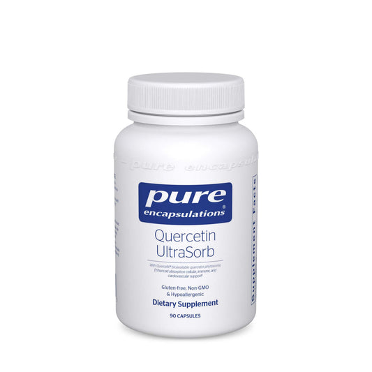 A bottle of Pure Encapsulations Quercetin UltraSorb dietary supplement with 90 capsules.