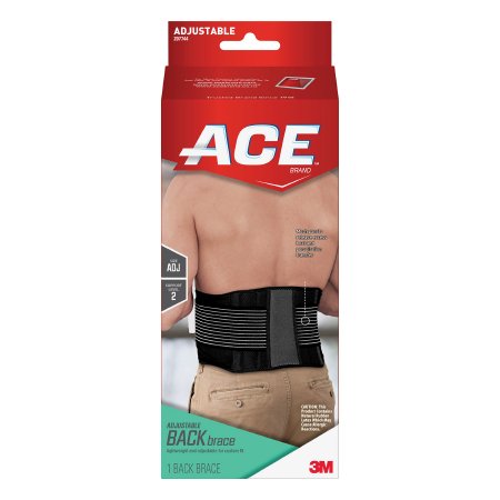 Packaging for an Ace brand back support brace featuring the product on a model from the back, with visible hook and loop closure straps.