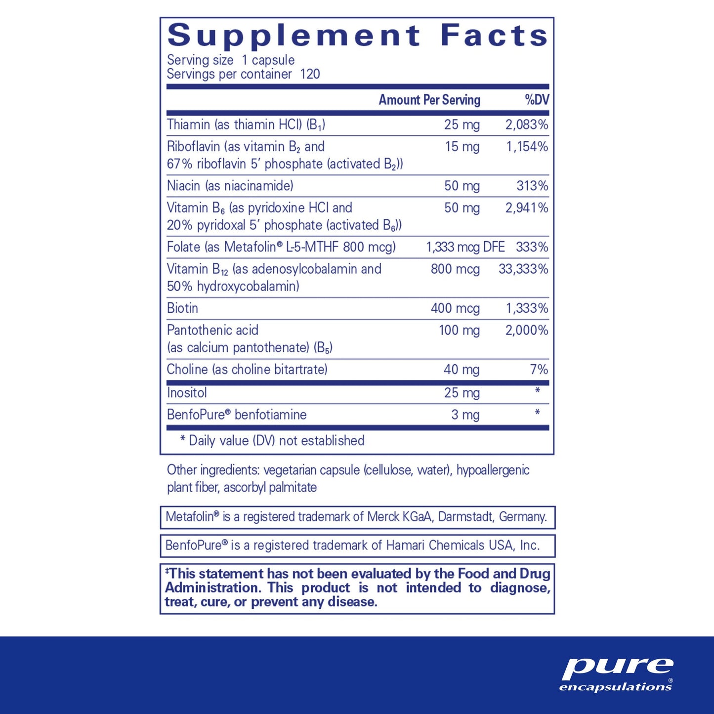 Supplement facts and ingredient information for a bottle of Pure Encapsulations PureGenomics B-Complex dietary supplement 