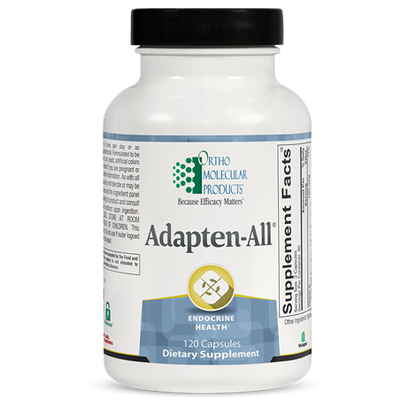 A bottle of OrthoMolecular Products Adapten-All dietary supplement with 120 capsules, focusing on adrenal support.