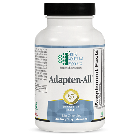 A bottle of OrthoMolecular Products Adapten-All dietary supplement with 120 capsules, focusing on adrenal support.