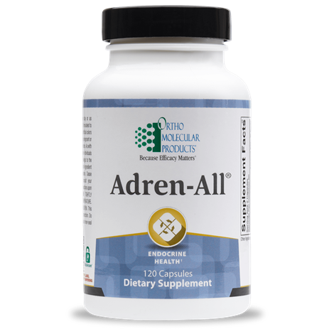 A bottle of OrthoMolecular Products Adren-All dietary supplement with 60 capsules, labeled for supporting adrenal health.