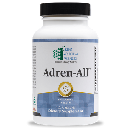 A bottle of OrthoMolecular Products Adren-All dietary supplement with 60 capsules, labeled for supporting adrenal health.