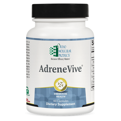 A bottle of OrthoMolecular Products AdreneVive dietary supplement with 60 capsules, labeled for endocrine health.