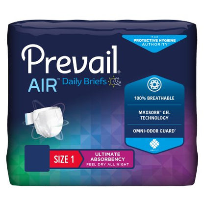 Packaging for Prevail Air daily briefs with ultimate absorbency, indicating the product is breathable, has gel technology, and is for heavy leakage.