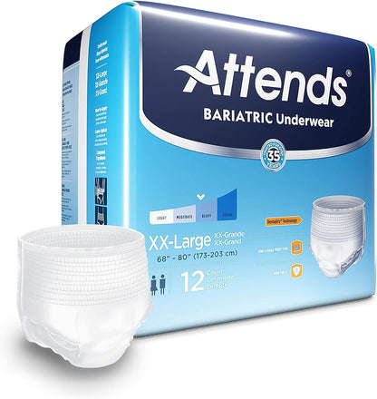 Attends bariatric underwear packaging on a white background, with a picture of a white diaper next to it.