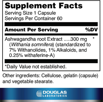 Supplement facts for a  bottle of Douglas Labs Ayur-Ashwagandha dietary supplement