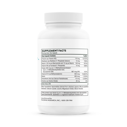 Supplement facts for a bottle of Thorne Basic B Complex dietary supplement 
