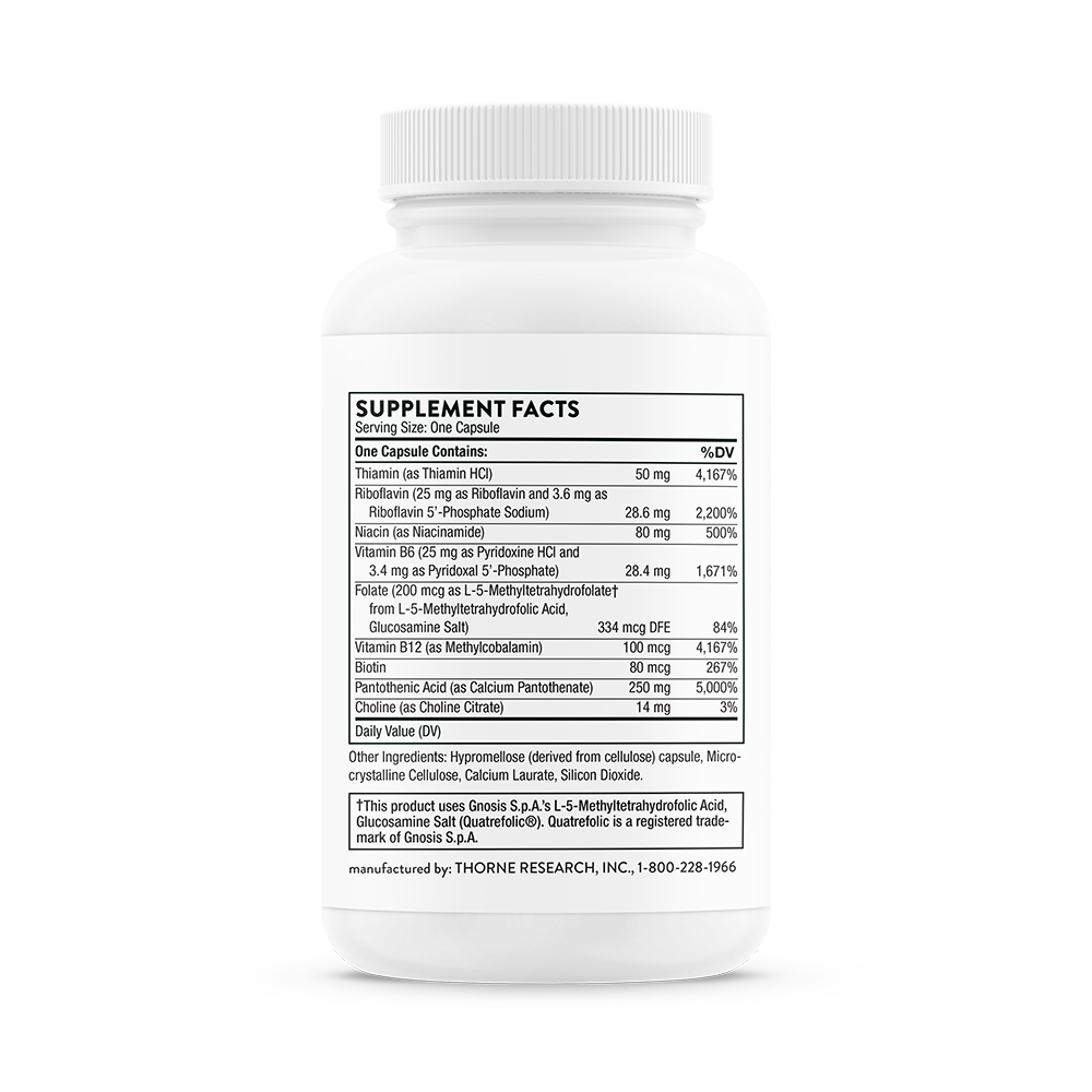 Supplement facts for a bottle of Thorne Stress B-Complex dietary supplement