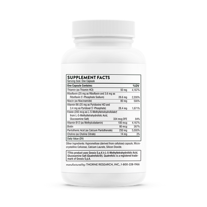 Supplement facts for a bottle of Thorne Stress B-Complex dietary supplement