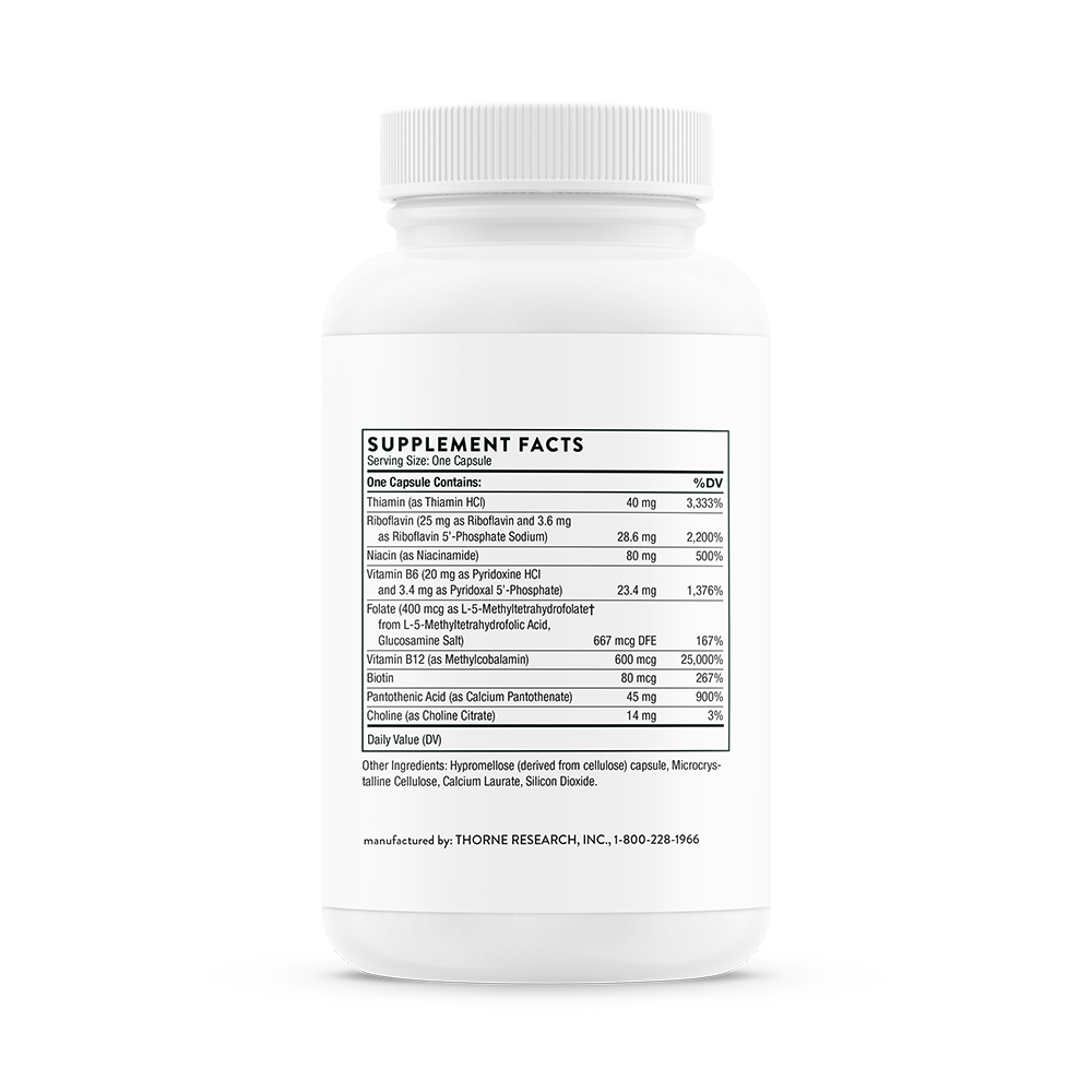 Supplement facts for a bottle of Thorne B-Complex #12 dietary supplement 