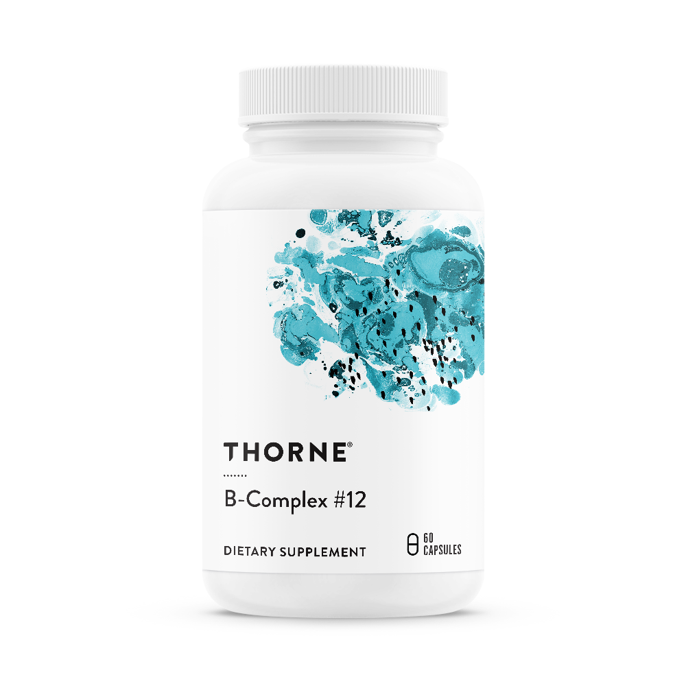 A bottle of Thorne B-Complex #12 dietary supplement containing 80 capsules.