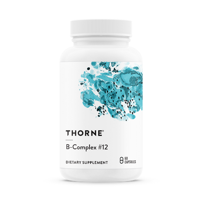 A bottle of Thorne B-Complex #12 dietary supplement containing 80 capsules.