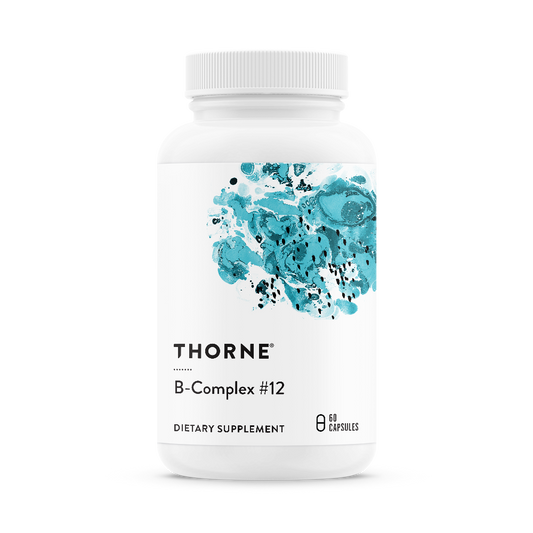 A bottle of Thorne B-Complex #12 dietary supplement containing 80 capsules.