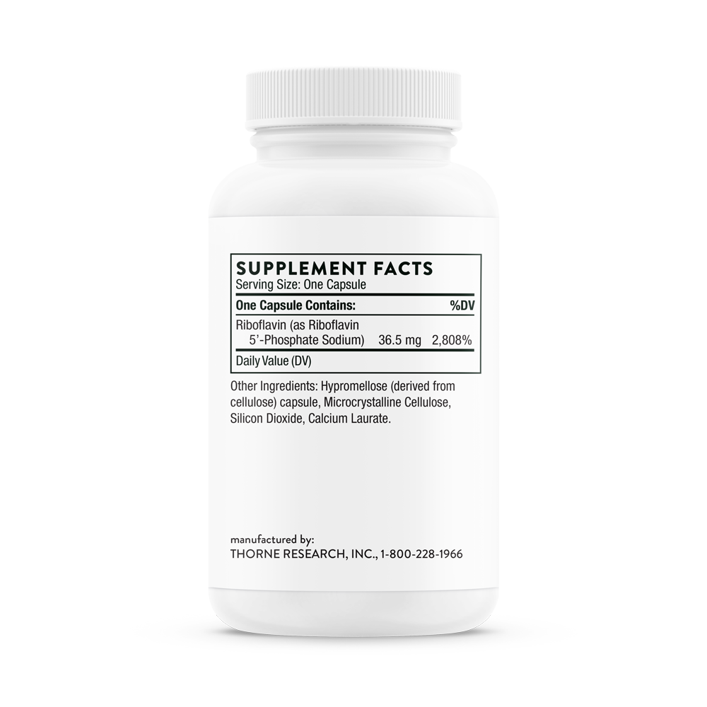 Supplement facts for a bottle of Thorne Riboflavin 5'-Phosphate dietary supplement
